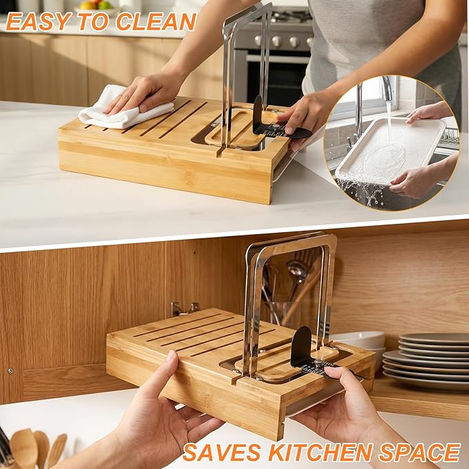 Bamboo Sourdough Bread Slicer for Homemade Breads with Bread Knife，Adjustable Slice Thickness and Bread Width, Stainless Steel Cutting Guides with Crumb Tray for Round Sourdough & Homemade Breads