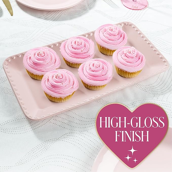 Paris Hilton Rectangle Ceramic Stoneware Serving Platter Tray, Embossed Hearts, Microwave Safe, 15x8-Inch, Pink