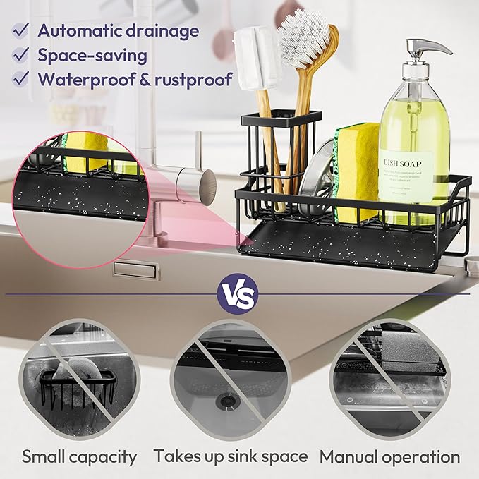 SWTYMIKI Sink Caddy Sponge Holder - Kitchen Sink Organizer with Stainless Steel Self Drain Tray & High Brush Holder for Countertop to Hold Dish Soaps and Sponges, Stainless Steel, Black