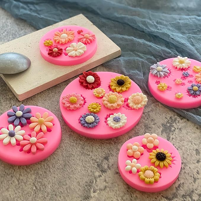 5Pcs Daisy Flower Molds Silicone Small Flower Chocolate Molds Sunflower Fondant Cake Candy Candle Resin Soap Ice Cube Mold for Baking