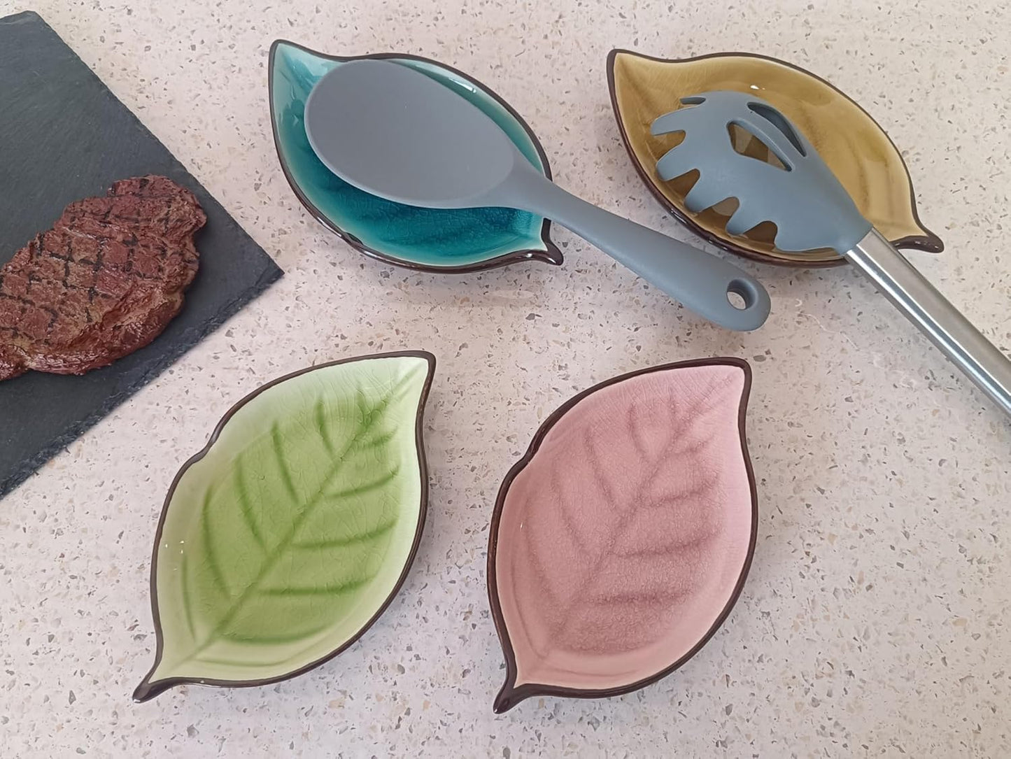 Ceramic Spoon Rest for Stove Top, Ice Cracks Leaf Cute Spoon Rest for Kitchen Counter Cooking Spoon Holder Utensil Tong Spatula Rest Ladle Holder, 1 PC (A, Grass Green)