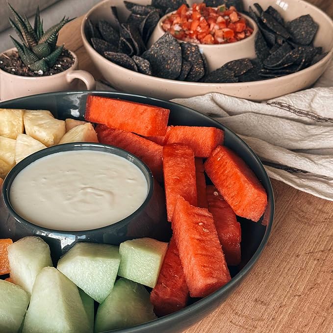 Mora Ceramic Chips and Dip Serving Tray: Large Divided Party Bowl Set for Chips & Salsa, Veggies & Dip, Fruit, Snacks, Entertaining, Hosting, etc. Minimalist Design for the Modern Hostess - Chai