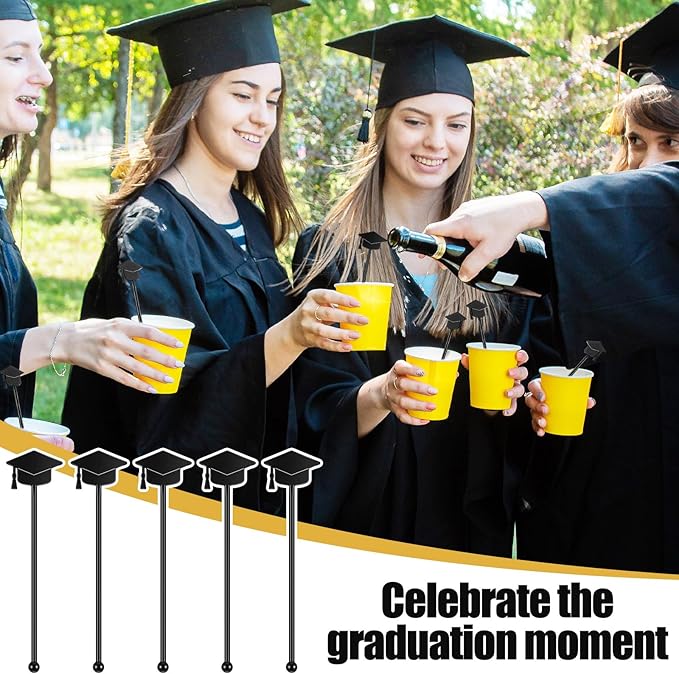 SiliFine 30 Pcs Graduation Cap Drink Stirrers Graduation Stir Sticks Coffee Stirrers Cocktail Mixers Plastic Swizzle Sticks Hot Cocoa Bar Supplies for Party Bar Coffee Tea Favors (Black)