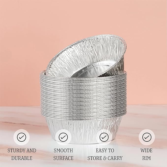 PLASTICPRO 6.5'' Inch Round Tin Foil Pans Disposable Aluminum, Freezer & Oven Safe - For Baking, Cooking, Storage, Roasting, & Reheating, Deep Pack of 50