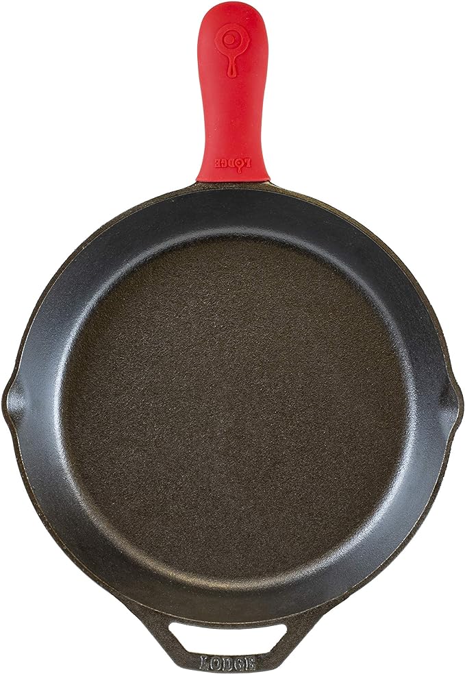 Lodge Pre-Seasoned Cast Iron Skillet with Assist Handle Holder, 12", Red Silicone & Tempered Glass Lid (12 Inch) – Fits 12 Inch Cast Iron Skillets and 7 Quart Dutch Ovens