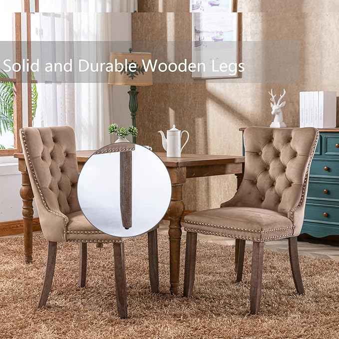 Upholstered Dining Chairs Set of 2, Velvet Dining Room Chairs with Back Ring Pull Trim and Solid Wood Legs, Tufted Wingback Kitchen Chair Perfect for Dining Room,Living Room,Kitchen(Khaki)