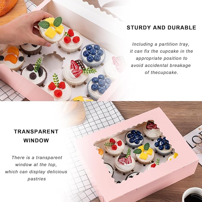 Hoewina 6PCS Cupcake Boxes - Hold 12 Count Cupcake Containers with Window, Food Grade Cupcake Holder Easy Transport and Presentation - Ideal for Cupcakes, Desserts, and More (Pink)