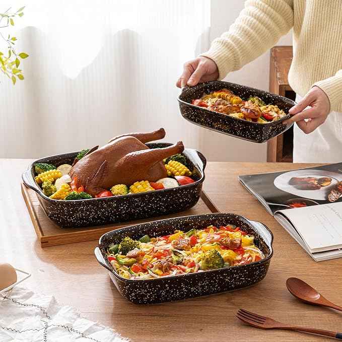 3-Pack Deep Rectangular Ceramic Baking Dishes, Heavy-Duty Oven-Safe Stoneware Casserole Pans for Lasagna Baking, High Heat Resistant Handcrafted Glazed Finish,Speckle Series(13.8''/12''/9.6'' Brown)
