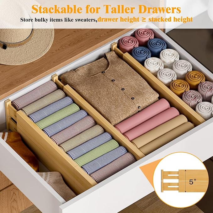 Bamboo Drawer Dividers,12-21" Adjustable Drawer Organizers for Clothes,Expandable Dresser Separators in Kitchen/Bedroom/Bathroom/Vanity/Office Organization and Storage,8-Pack