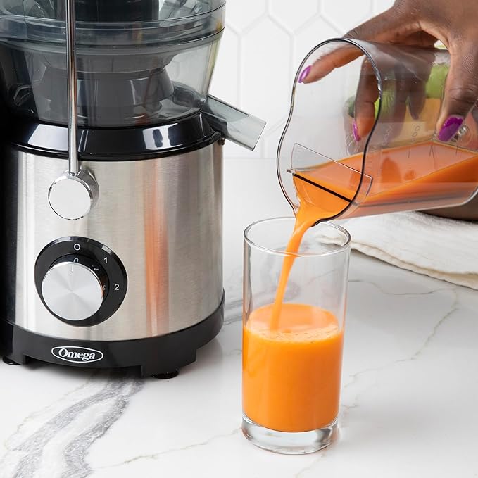 Omega Centrifugal Juicer with 3-Inch Wide Chute High Speed Extractor For Fruits and Vegetables, Features 2 Speeds Stainless Steel Filter and Large Pulp Container, 1000-Watts, Black