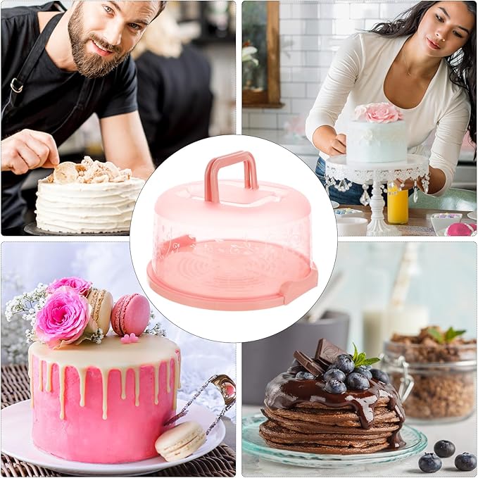 Amosfun 9.84 Inch Portable Cake Carrier with Handle Buckle Seal Round Cake Box Container Lightweight Cupcake Holder Tray for Dessert Transport