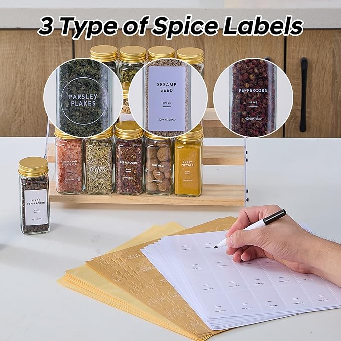 48 Pcs Glass Spice Jars with 576 Labels, 4oz Empty Square Spice Containers,Seasoning Bottles with Gold Metal Caps - Shaker Lids, Funnel and Pen Included