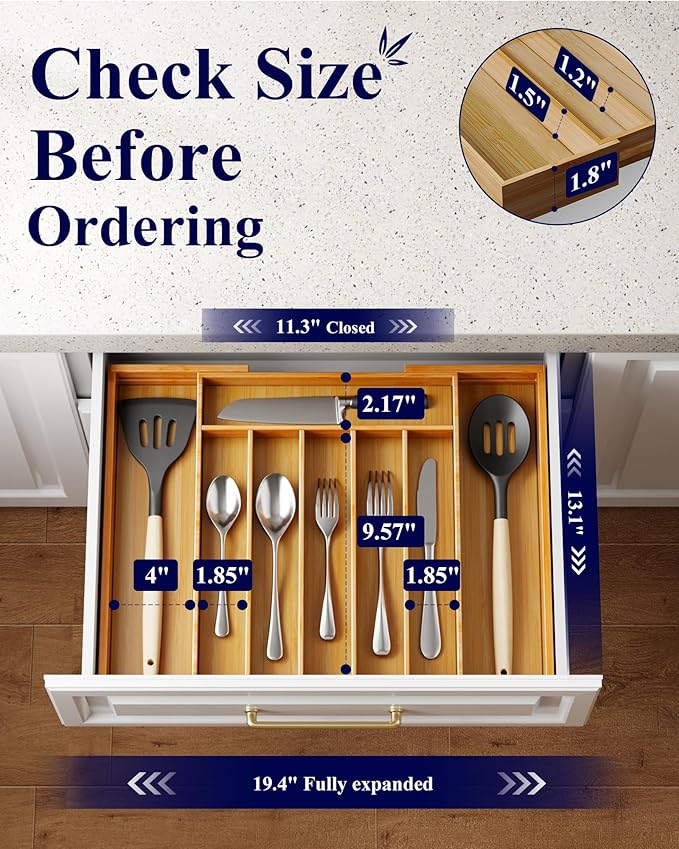 Kitsure Large Bamboo Silverware Organizer - Expandable Drawer Organizer for Utensil, Cutlery and Flatware, Kitchen Storage Solution with 6 to 8 Slots, Natural, 19.4" × 13.1" × 1.8"