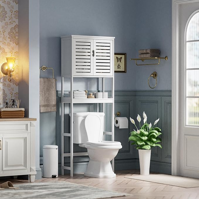 SMIBUY Bathroom Over The Toilet Storage Cabinet, 2 Door Bamboo Cabinet Organizer, Freestanding Space Saver Toilet Rack with Adjustable Inside Shelf and Open Shelf (White)
