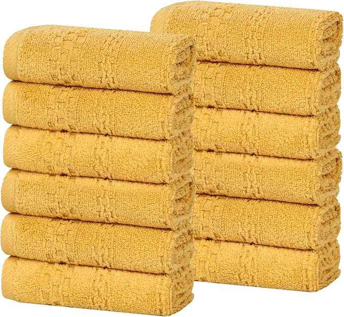 Superior Playa Zero Twist Cotton Medium Weight Small Towels, for Kitchen, Bathroom, Shower, Spa, Plush, Quick Dry, Ultra-Soft Essentials, Waffle Textured, Face Towels Washcloths, Set of 12, Gold