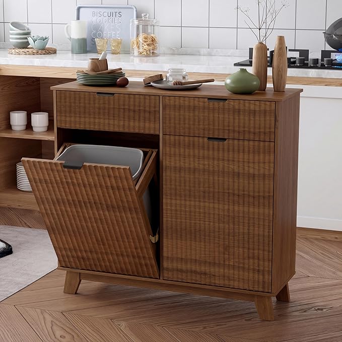 Double Tilt Out Laundry Hamper Cabinet, 20 Gallon Wooden Trash Can Cabinet with Storage Drawers, Hidden Fluted Bathroom Storage Cabinet for Kitchen, Living Room (Walnut Wood, 39.34"W x 35.83"H x 13"D)