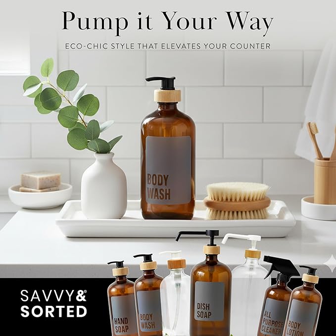 SAVVY & SORTED Amber Glass Soap Dispenser with Pump, Body Wash Soap Dispenser, Refillable Hand Soap Bottle for Bathroom, Matching Body Lotion Bottle Available, 17 Fl Oz / 500 ml