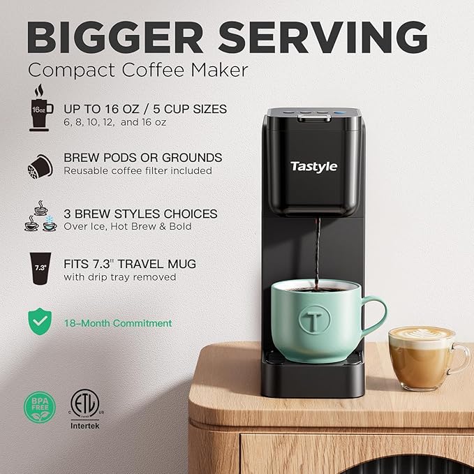 Tastyle Single Serve Coffee Maker Hot and Iced with Bold Brew, Small Coffee Machine for K Cup and Ground, Fits 7.3'' Travel Mug, Brews up to 16 Oz, 5 Cup Sizes, for Office, RV& Hotel, Elegant Black