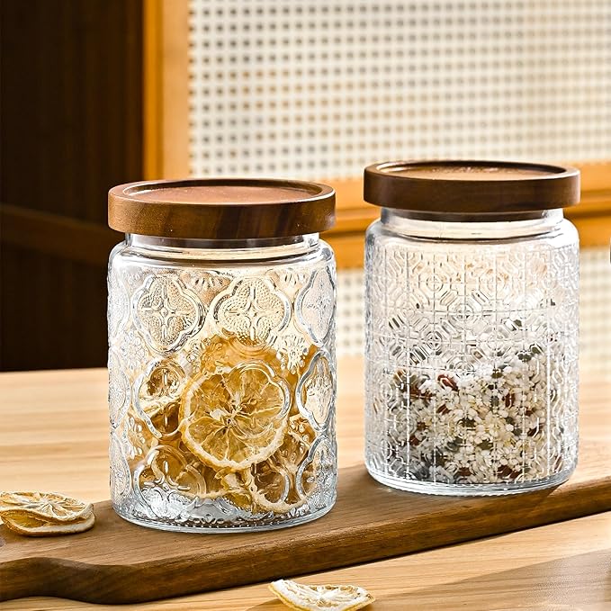 Adodeen 24oz Vintage Glass Canister With Lid Small Glass Jars Wide Mouth Mason Jars Airtight Coffee Canisters Kitchen Storage Containers For Sugar Tea Spice Flour Candy Cookie Cereal Cute Decorative