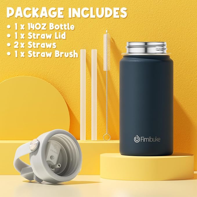 Fimibuke Kids Insulated Water Bottle, 14oz BPA FREE 18/8 Stainless Steel Travel Tumbler Double Wall Vacuum Leak Proof Kids Cup with Straw Metal Water Bottle for School Boys Girls(1 Pack, Harbor Grey)