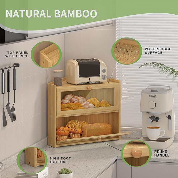 JANSNIMEN Bamboo Corner Bread Box for Kitchen Countertop, Large Bread Container Storage Bamboo Wooden Farmhouse Bread Box with Window Bread Holder