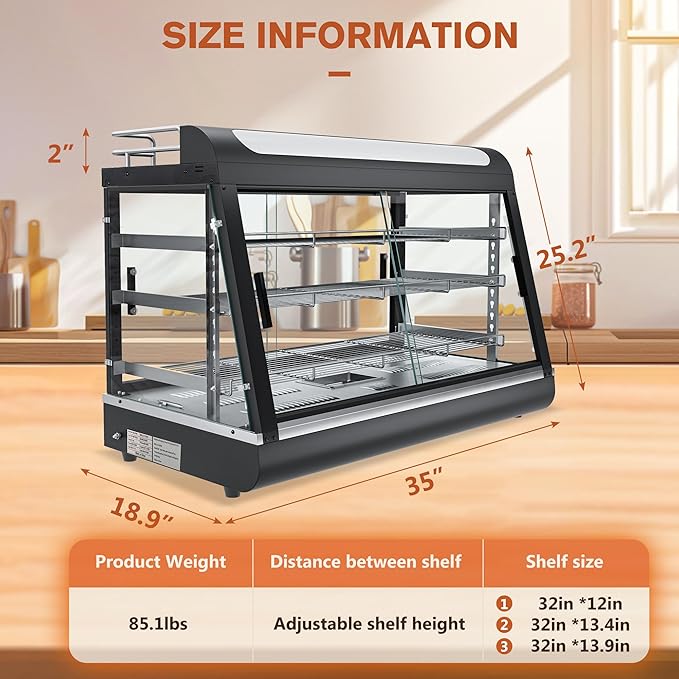 Whalefall Countertop Food Warmer with top Holder, 35 inch Commercial Food Warming Cabinet, tri-Color Lighting, w/Thermometer and Adjustable Thermostat for Cafeteria Kitchens Restaurants