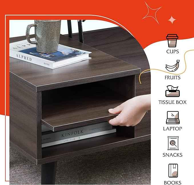 WLIVE Lift Top Coffee Table for Living Room, Small Coffee Table with Storage, Adjustable Shelf and Storage Compartment, Mid Century Modern Living Room Table, Wood, Grey