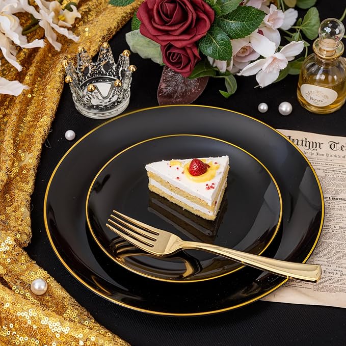 KIRE 200Pcs Black Plastic Plates - Black Plates Disposable for Party - Include 100 for Dinner and 100 for Dessert for Birthday/Wedding/New Year