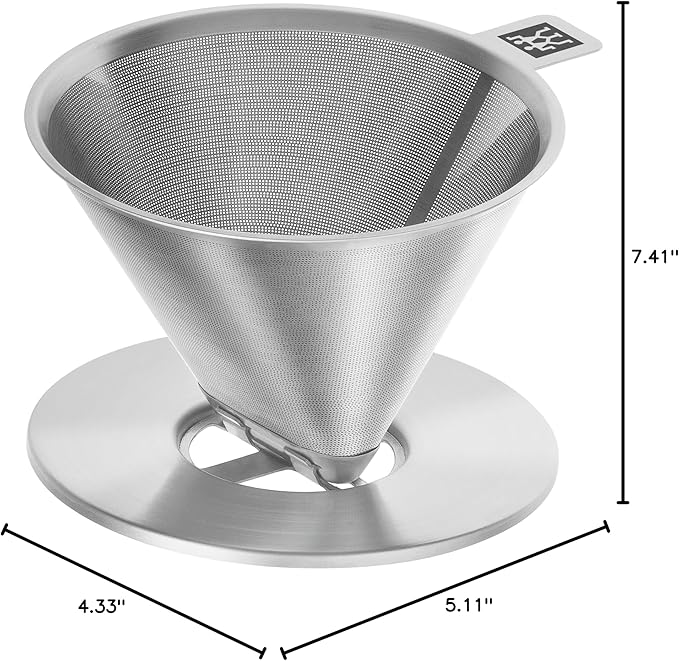 ZWILLING Sorrent Z1024-006 Stainless Steel Coffee Dripper/Mug Set, Double Wall Glass Coffee Mug, Heat Resistant, Cold Insulated, Paperless, Dishwasher Safe, For 1-4 Cups