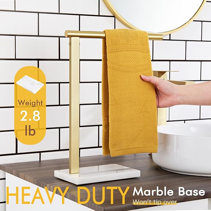 KOKOSIRI Hand Towel Rack Standing Towel Bar with Steady Marble Base for Bathroom Vanity Countertop, Brushed Gold Stainless Steel 15.7'' Height THS0006-BG