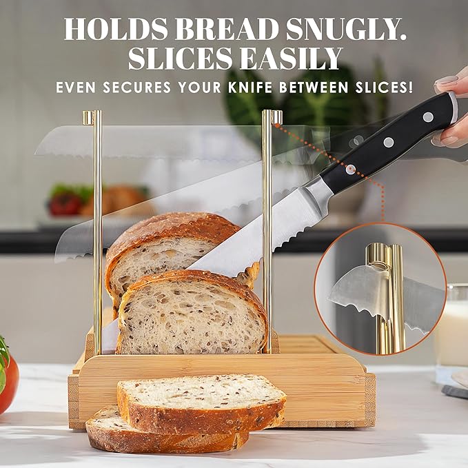 DITTO 2.0 Bamboo Bread Slicer for Homemade Bread - 6.5" Wide Adjustable Bread Slicer Guide Cuts Even Slices, 4 Thickness Options - Works with Buns, Bagels - Incl Crumb Tray