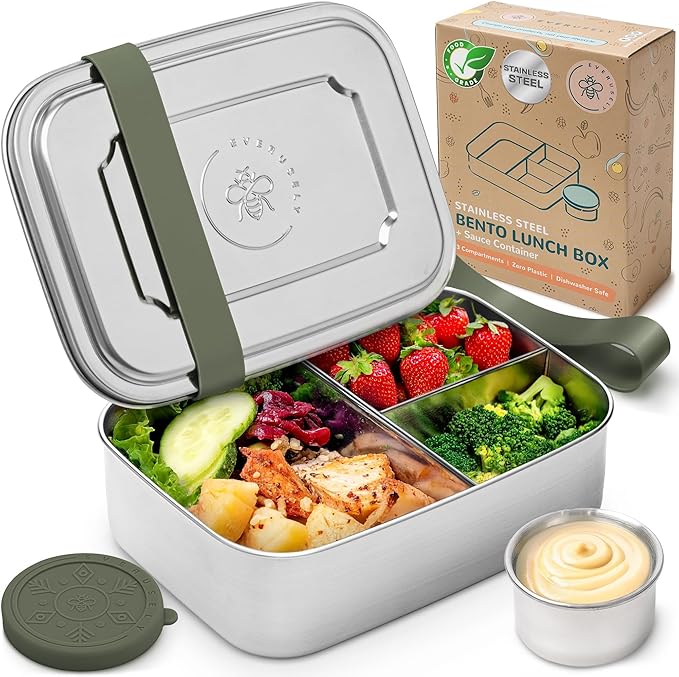 Everusely - Bento Box - Sage, 47oz / 1.4 L - Large Stainless Steel Lunch Box with Leakproof Condiment Container - 3 Compartment Snack Organizer for On the Go Meals - Freezer & Dishwasher Safe