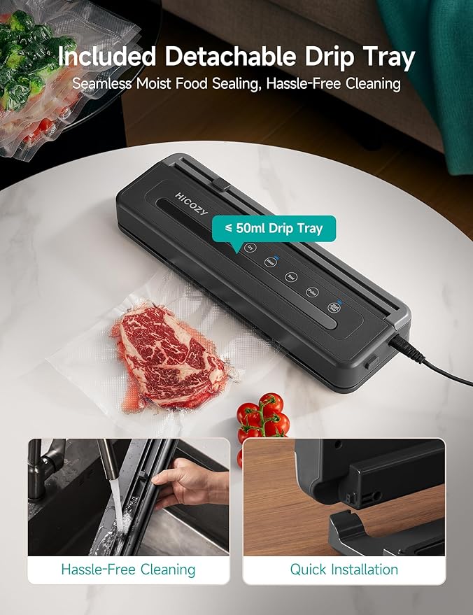 HiCOZY Compact Vacuum Sealer for Food, 5-in-1 Functions Vacuum Sealer with Double Heat Seal, Built-in Cutter, 10 BPA-Free Bags, Gray