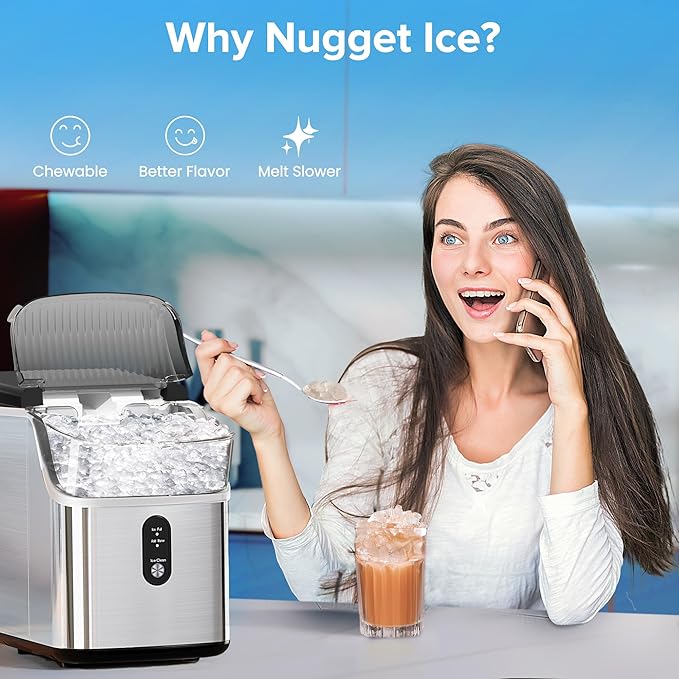 Electactic Countertop Nugget Ice Maker Pro - 34lbs/24H, Self-Cleaning Pellet Ice Machine with Soft Chewable Ice, One-Touch Operation for Home, Kitchen, Office (Silver)