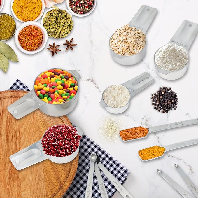 21 Pieces YUNNKEEY Measuring Cups and Spoons Set - Includes 7 Stainless Steel Measuring Cups, 8 Rectangular & 5 Mini Measuring Spoons with Leveler Fits Spice Jars, Ideal for Dry and Liquid Ingredients