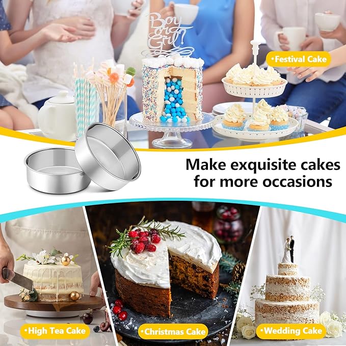 P&P CHEF 6 Inch Cake Pan Set of 2, Stainless Steel Round Baking Layer Cake Pans, Non Toxic & Healthy, Leak-proof & Easy Clean, Mirror Finish & Easy Releasing, Oven & Dishwasher Safe