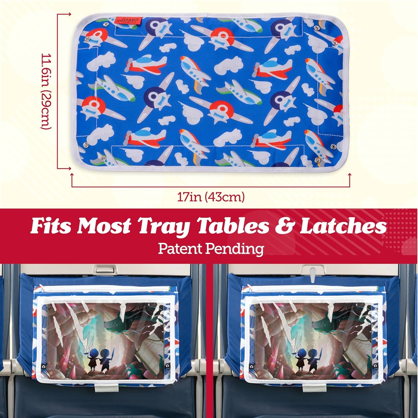 Lusso Gear Airplane Tray Table Cover with Pockets for Toddlers & Kids - Airplanes Pattern - Foldable & Rollable Lap Desk with Carabiner Clip - Toddler Travel Essentials & Plane Activities