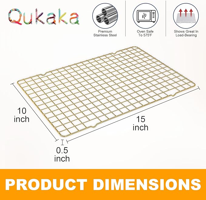 2-Pack Cooling Racks for Cooking and Baking - 10" x 15"Heavy Duty Stainless Steel Wire Rack for Baking, Grilling, Roasting - Oven & Dishwasher Safe - Fits Jelly Roll Sheet Pan（Gold）