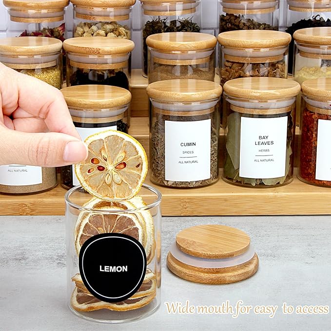 EgticHome 4OZ Glass Spice Jars with Bamboo Lids and 315 Labels, 20 Pcs Clear Food Storage Containers for Kitchen Sugar Salt Coffee Tea Beans