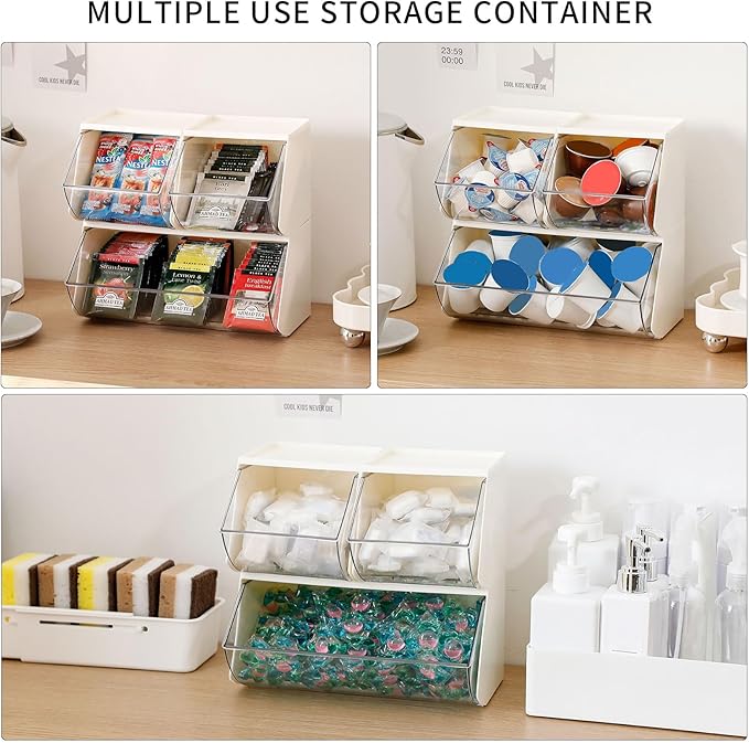 3 Pack Coffee Pod Basket for Kitchen Counter, Plastic Storage Organizer Box for Office Desk, Large Tea Bags Holder ( Cream / Clear )