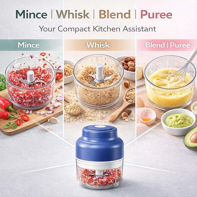 2026 New Small Electric Garlic Chopper Mini, Garlic Chopper Mincer With 6 Stainless Steel Blades, Portable Rechargeable Cordless Chopper For Onion, Chili, Ginger, Nuts, Meat & Fruits (1 set)