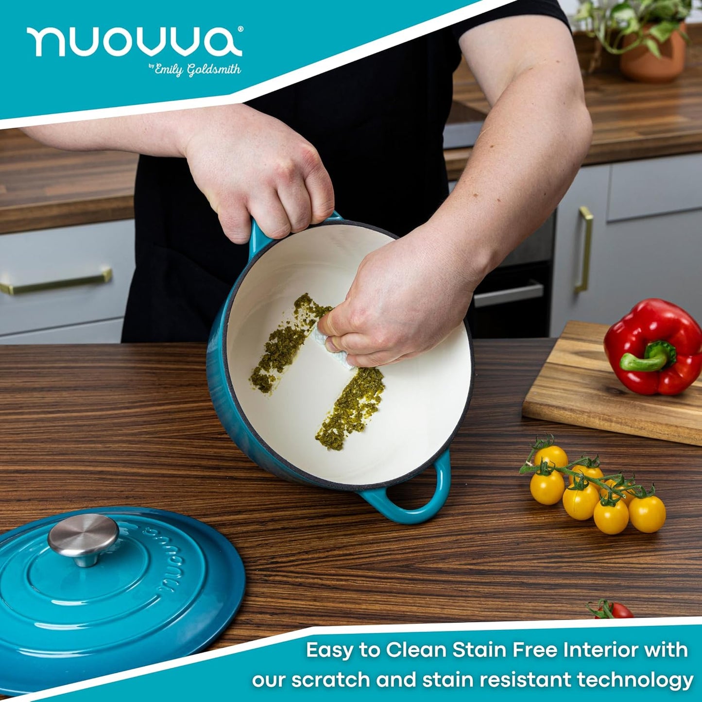 Cast Iron Dutch Oven with Lid – Non-Stick Ovenproof Enamelled Casserole Pot – Sturdy Dutch Oven Cookware – Teal, 3.1-Quart, 22cm – by Nuovva