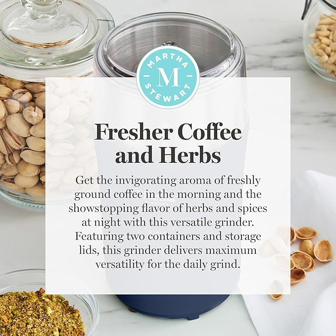 Martha Stewart Electric Coffee & Spice Grinder, Dual 2.5oz Removable Bowls, Storage Lids, Stainless Steel Blades, One Touch Pulse Control, 2-in-1 Compact, Beans & Spices, Herbs & Nuts, Indigo Blue