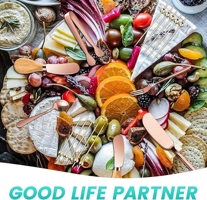 Charcuterie Board Accessories with 3 Oz Ceramic Dip Bowls, Wooden Handle Rose Gold Cheese Spreader Butter Knive Set Kit, Mini Tongs, Spoons, Forks,Honey Dipper, Cocktail Picks