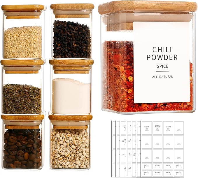 HHMJSM 12 Pcs Square Glass Spice Jars with Natural Bamboo Lids - 5oz Airtight Herb Containers with 148 Waterproof Minimalist Spice Labels Preprinted - Empty Small Seasoning Jars for Kitchen Pantry