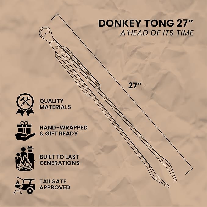 27" Heavy Duty BBQ Tongs - Extra Long Grilling tool for Outdoor Cooking, Smoking & Grilling | Handmade South African Rust Resistant Stainless Steel Meat Tongs with Wood Handles | Donkey Tong