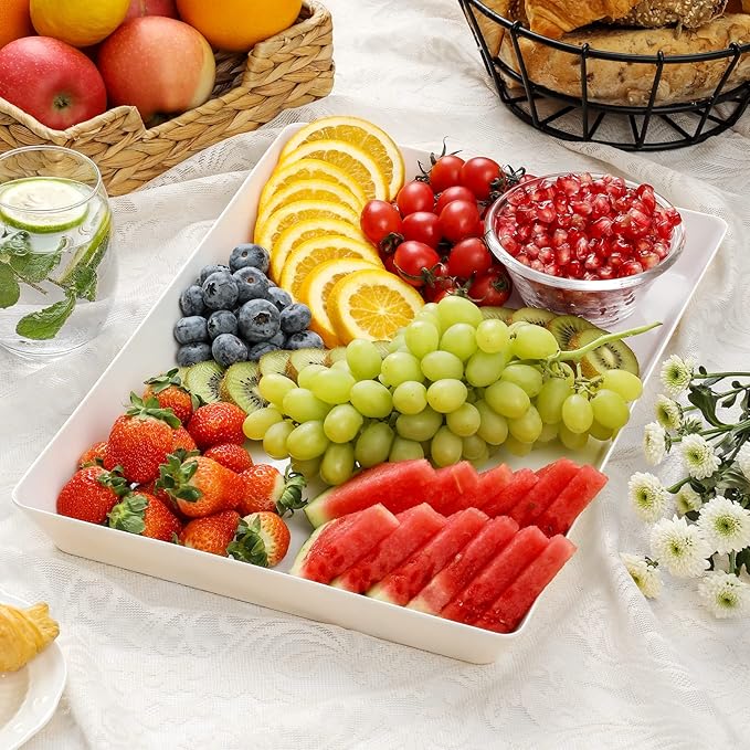 4-Pack Plastic 16" x 11" Large White Serving Trays Set - Reusable Serving Platters for Cookie, Appetizer, Charcuterie, Snack, Dessert, Party Food Display - Stackable Kitchen CounterTop Tray, BPA Free