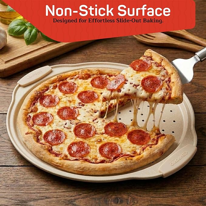 Non-Stick Pizza Pan with Silicone Handle 1 Pack, 13 Inch Round Carbon Steel Tray with Perforated Holes, Dishwasher & Oven Safe Up To 450°F, PFOAPFOSPTFE Free, Durable Nonstick White Marble Coating
