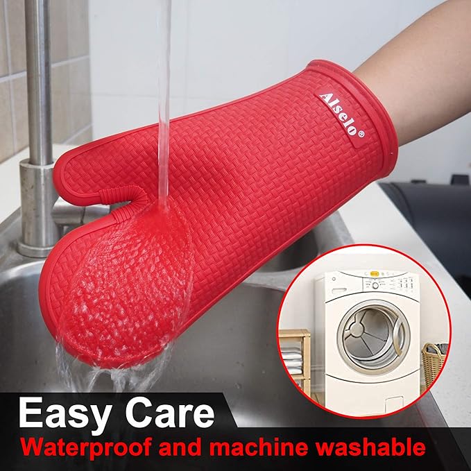 Alselo Oven Mitts Heat Resistant Silicone Kitchen Gloves for 550 Degrees with Waterproof and Non-Silp, Set of 2 Oven Gloves for Baking Cooking Barbecue Microwave Machine Washable (Red, 2)