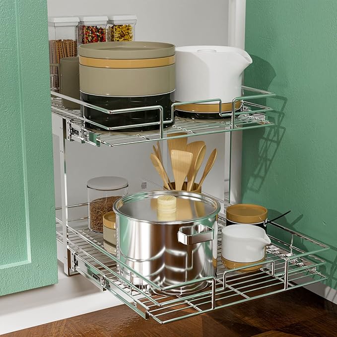 LOVMOR 2 Tier Individual Pull Out Cabinet Organizer 15½" W x 21½" D, Slide Out Kitchen Cabinet Storage Sliding Shelves